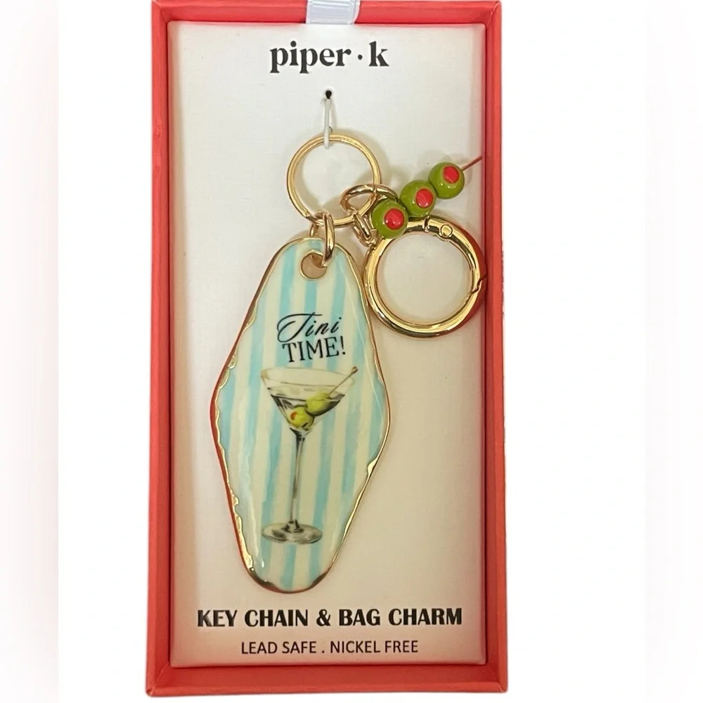 PIPER K Gold-Tone Martini (Tini) Time Keychain / Bag Charm with Olives
